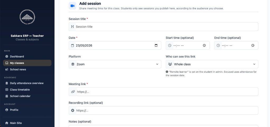 Add session — التعليم أونلاين Zoom